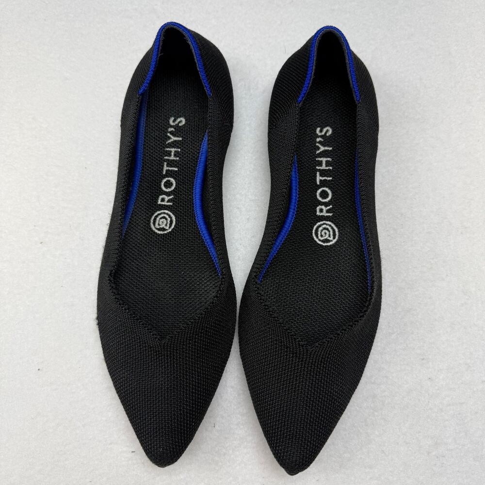 Rothys Flats Womens W8 Pointed Toe Knit Black Blue Trim Slip On Ballet Comfort